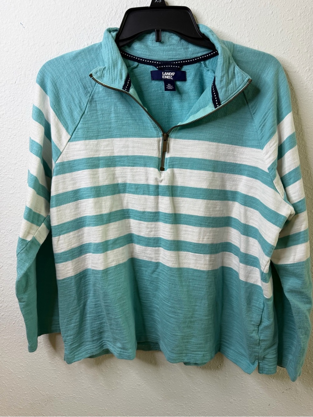 Lands' End Women’s Aqua and White Striped Quarter-Zip Sweater